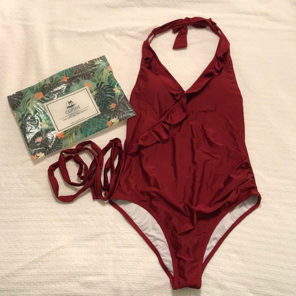 Cupshe On a Whim Falbala 1 piece halter, wine red.